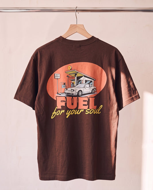 Fuel For Your Soul Christian tee in brown on a wood hanger, back print