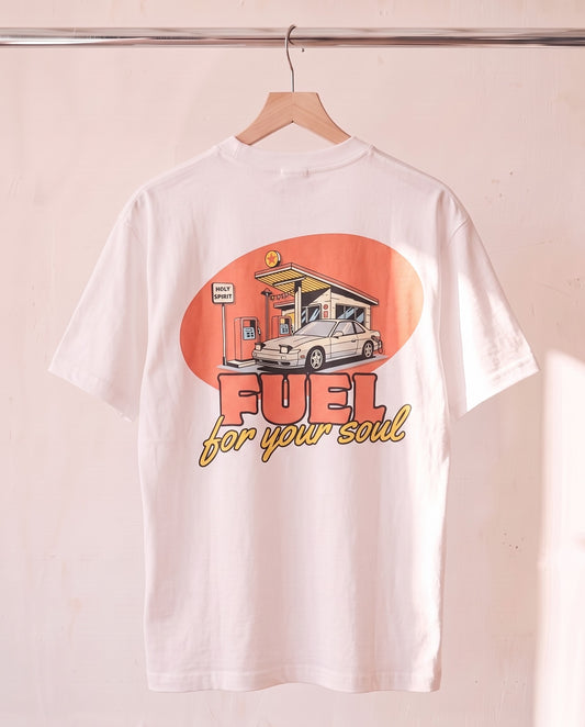Fuel For Your Soul Christian tee in white on a wood hanger, back print