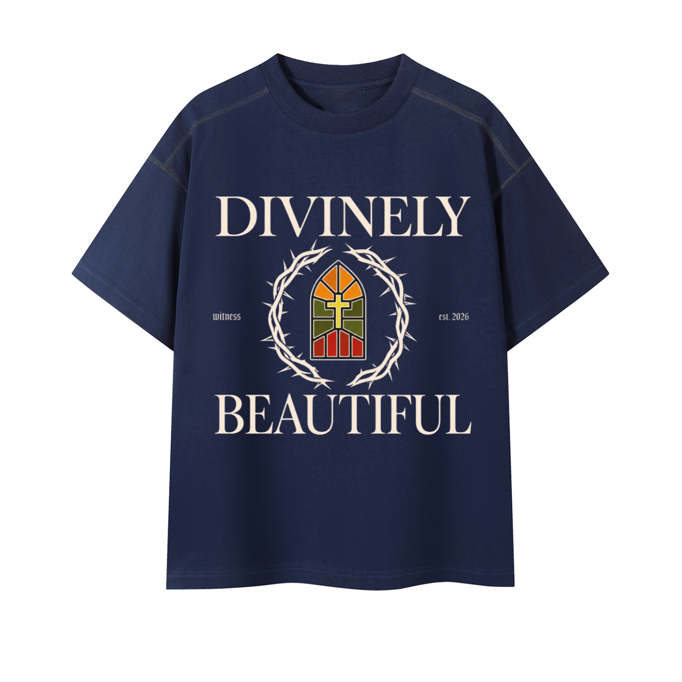 "Divinely Beautiful" oversized tee in Navy Blue — front view